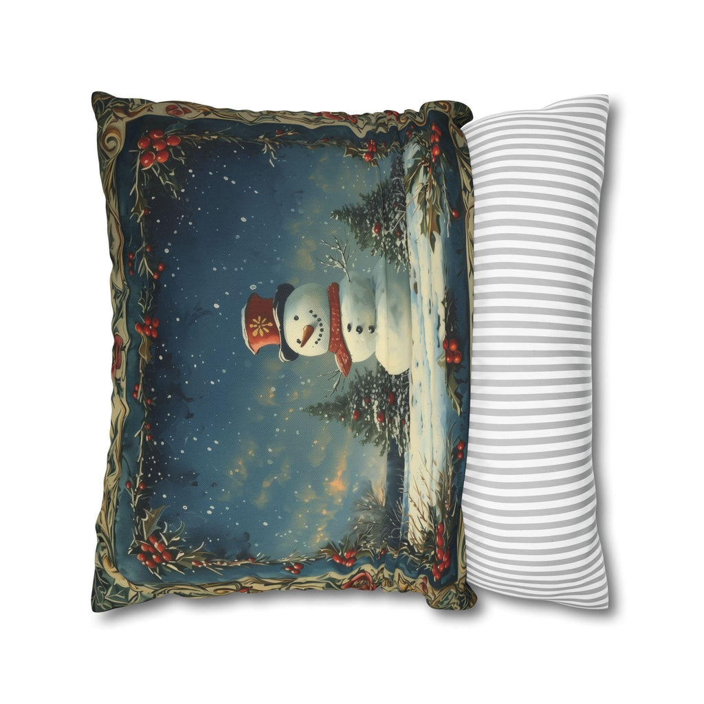 Oil Painting Style Christmas Pillow Cover: Snowman & Blue Forest Scene