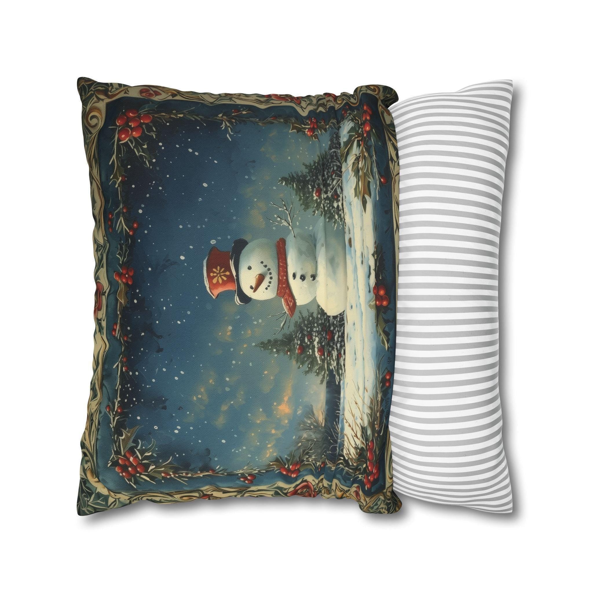 Oil Painting Style Christmas Pillow Cover: Snowman & Blue Forest Scene