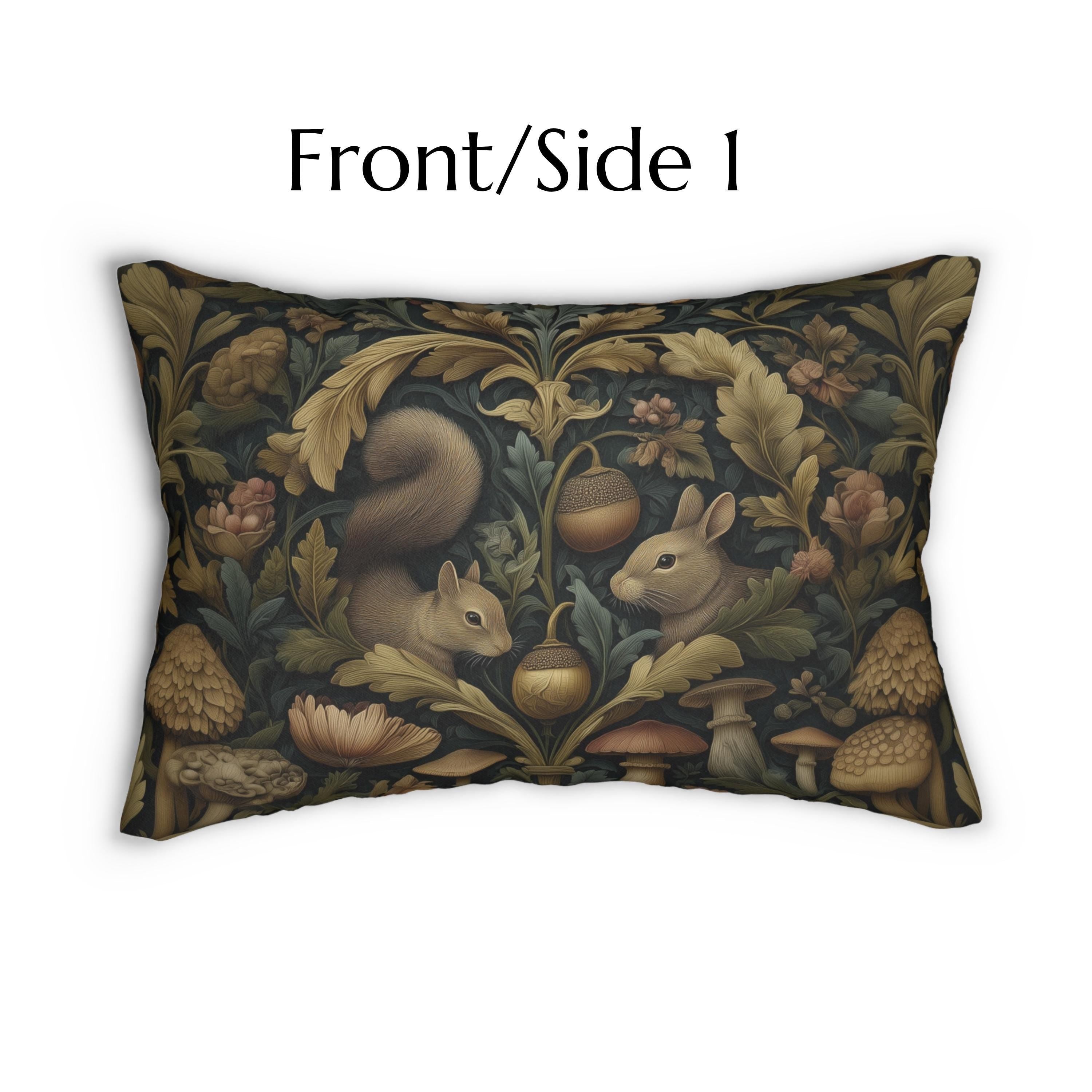 William Morris Woodland Forest Lumbar Pillow: Squirrel & Rabbit Tapestry-Style