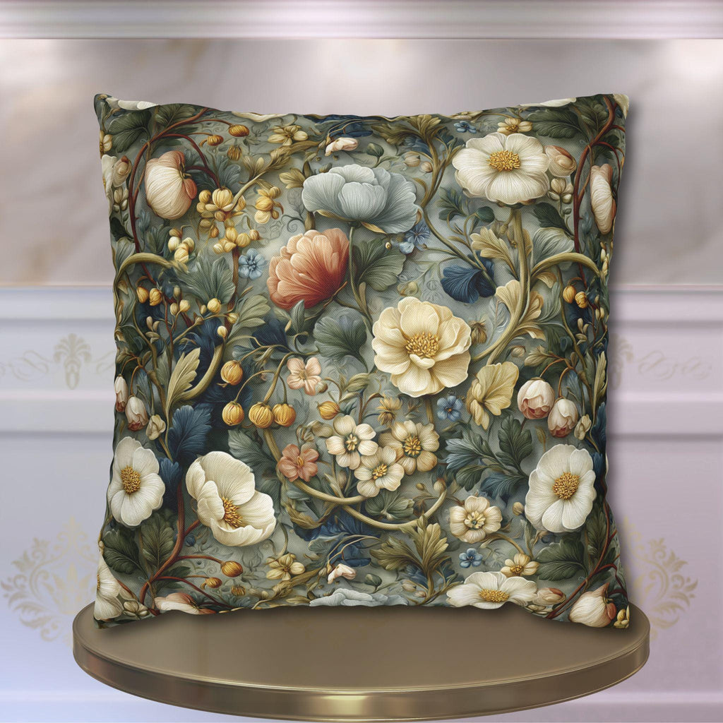 Vintage Style Meadow Garden Pillow Cover: Soft Sage Ivory & Lilac Botanical Floral