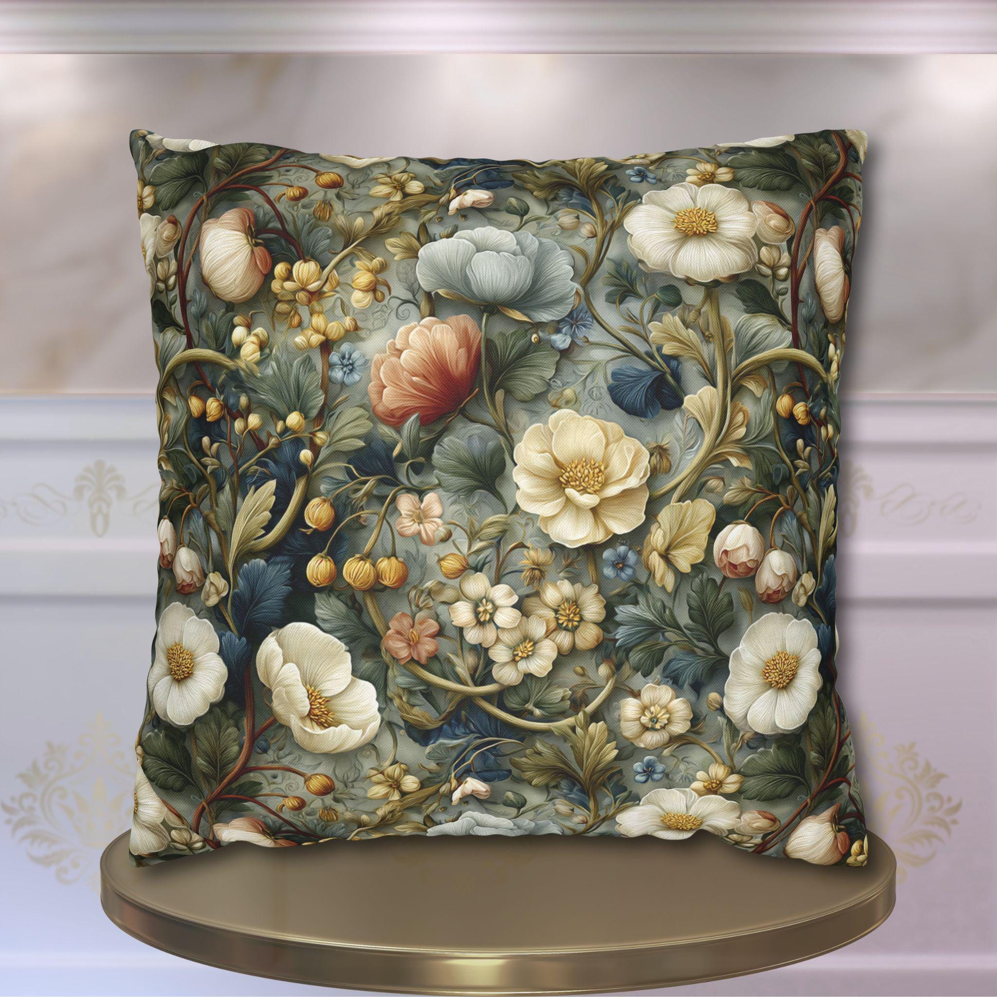 Vintage Style Meadow Garden Pillow Cover: Soft Sage Ivory & Lilac Botanical Floral