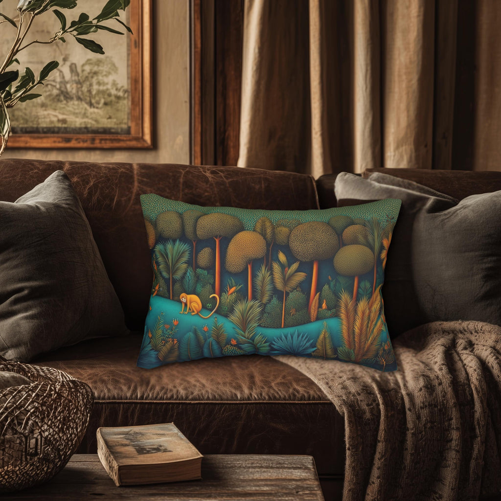 Monkey Jungle Safari Lumbar Pillow: Tropical Botanical Animal Decor