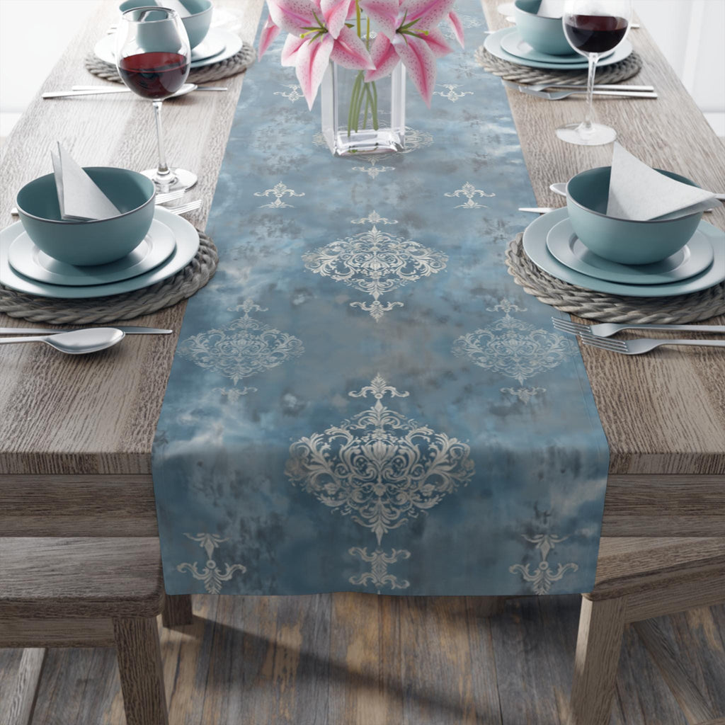 Elegant Silvery White Damask Table Runner: Soft Blue & Gray Classic Pattern for Sophisticated Dining