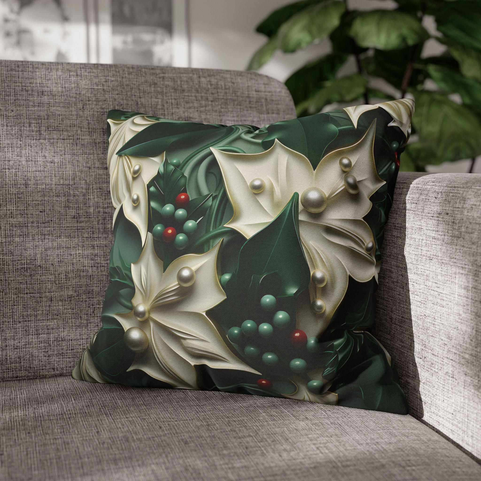 Elegant Holly Leaves & Berries Pillow Cover: Winter Emerald Green Decor with Smooth Design
