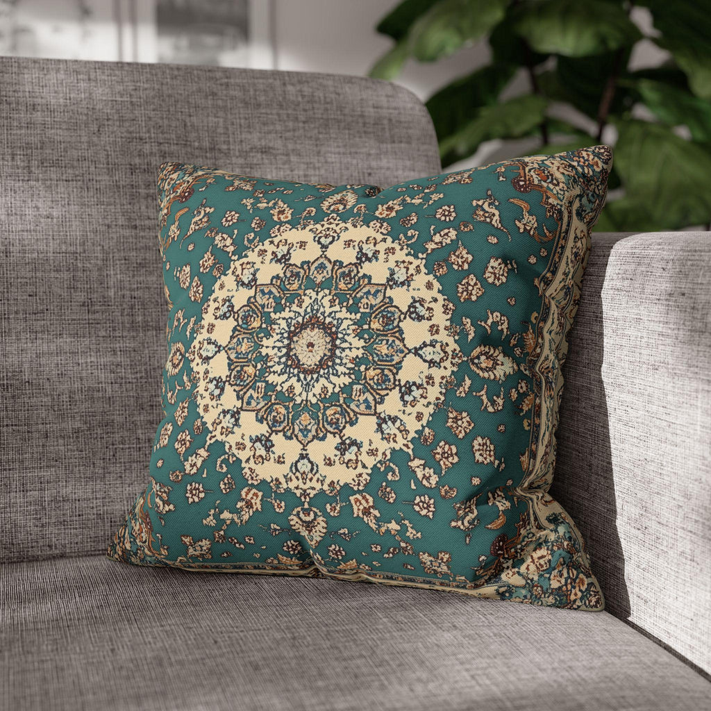 Teal and Ivory Persian-Inspired Pillow Cover: Vintage Carpet Look with Ornate Medallion Design