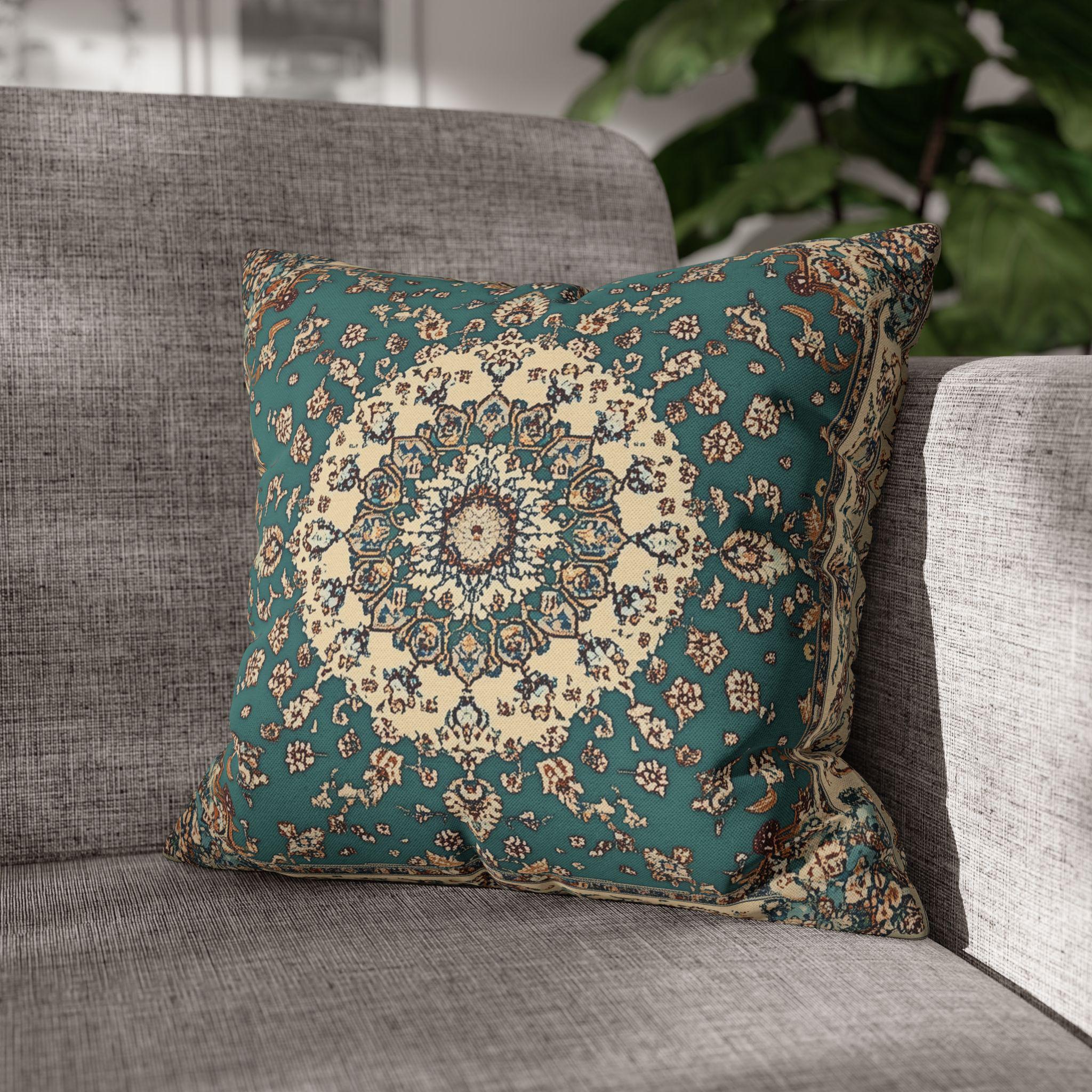 Teal and Ivory Persian-Inspired Pillow Cover: Vintage Carpet Look with Ornate Medallion Design