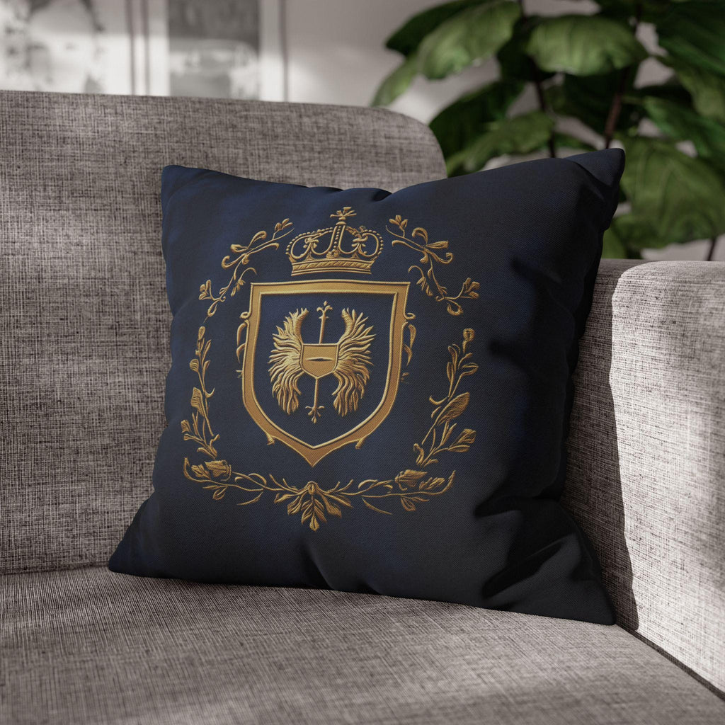 Regal Golden Emblem Navy Blue Pillow Cover: Elegant Home Decor