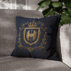 Regal Golden Emblem Navy Blue Pillow Cover: Elegant Home Decor