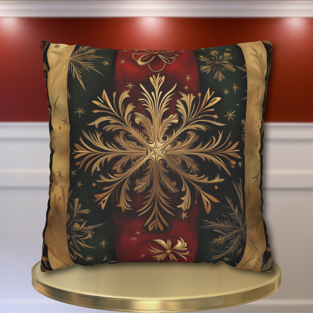 Elegant Holiday Snowflake Pillow Cover: Festive Red, Green & Gold Striped Christmas Decor for Home