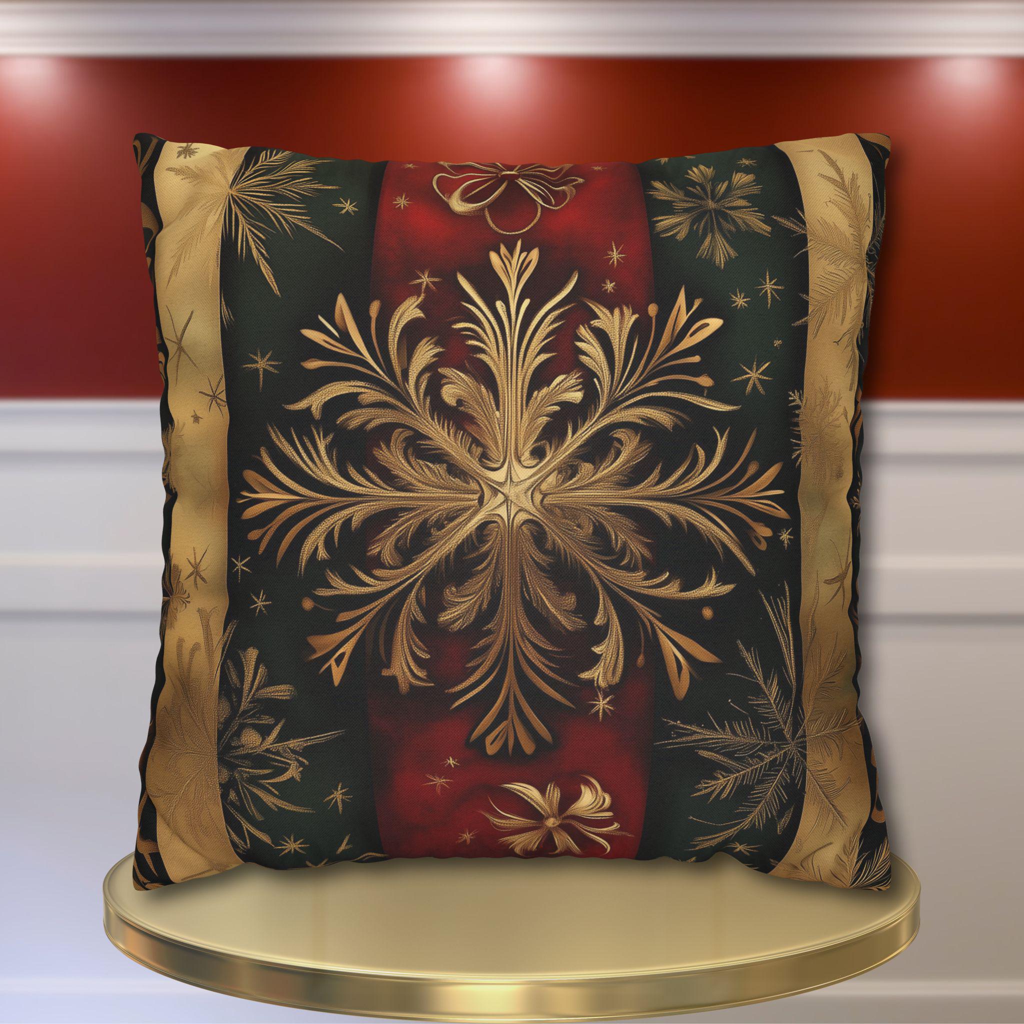 Elegant Holiday Snowflake Pillow Cover: Festive Red, Green & Gold Striped Christmas Decor for Home