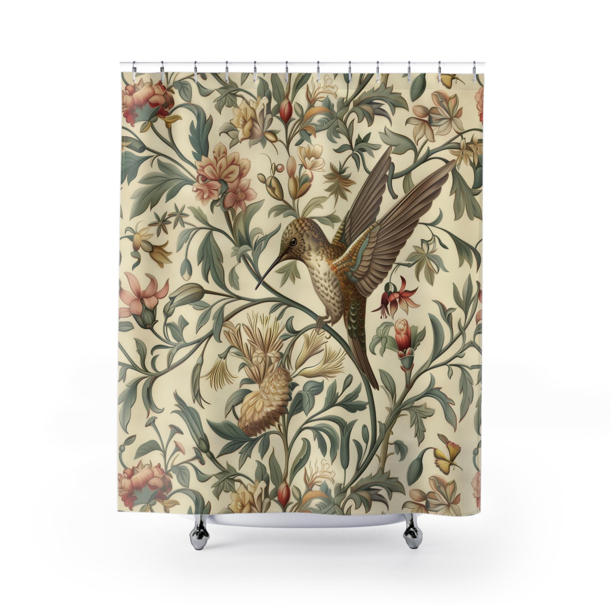 Elegant William Morris Inspired Botanical Shower Curtain: Vintage Style Hummingbird Floral Garden Bath Decor