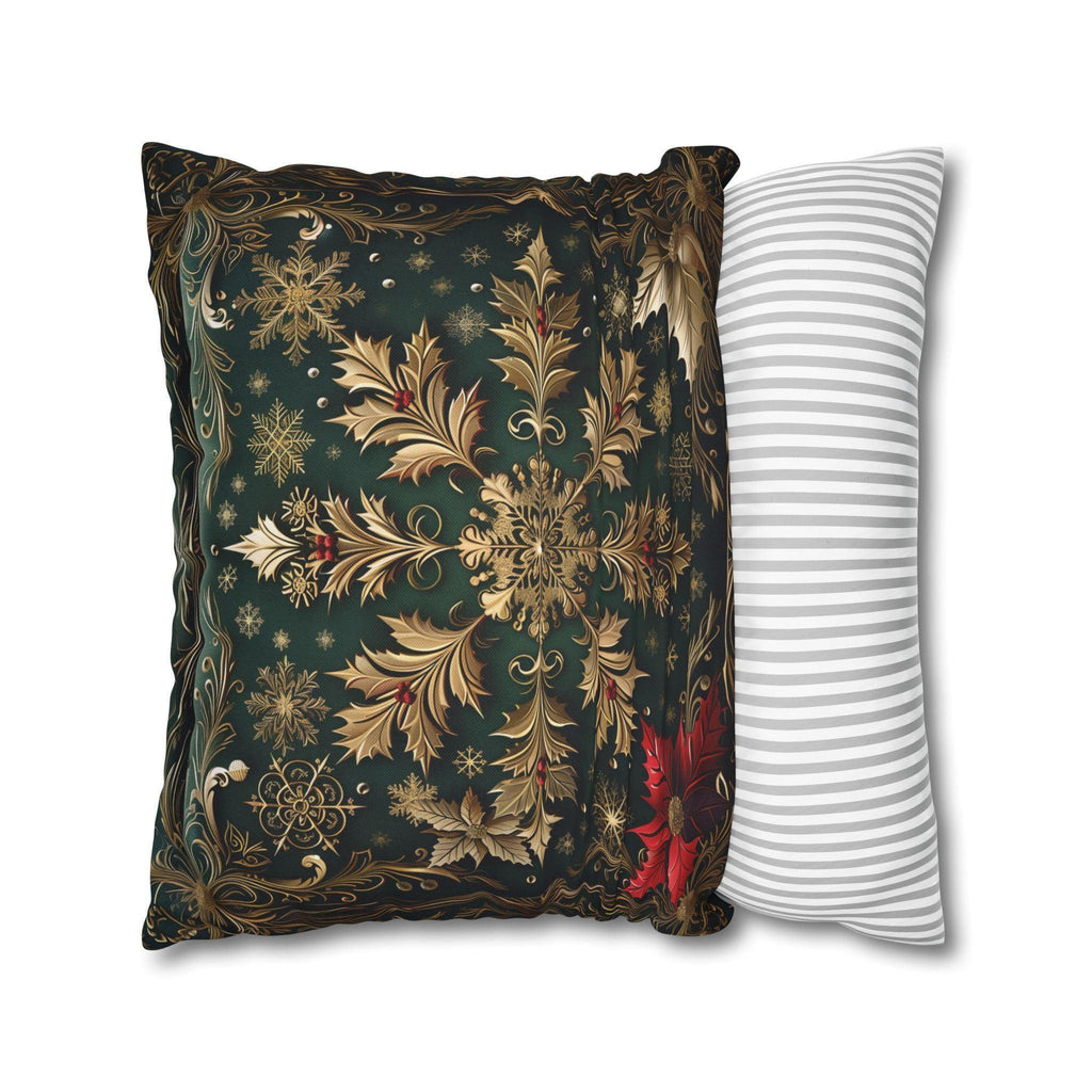Gold Snowflake Poinsettia Pillow Cover, Emerald Green Holiday Decor