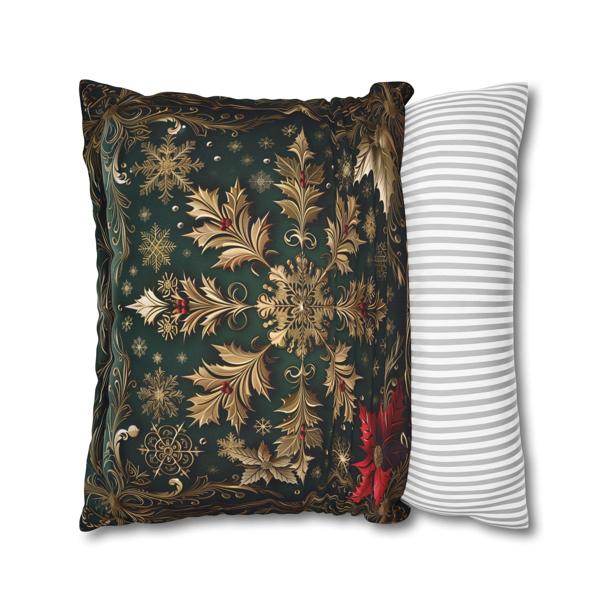 Gold Snowflake Poinsettia Pillow Cover, Emerald Green Holiday Decor