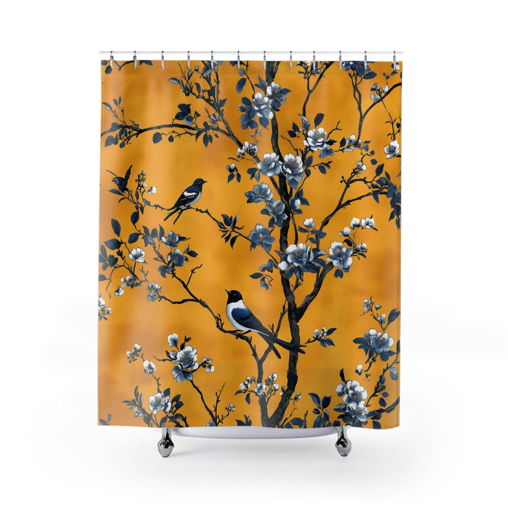 Elegant Chinoiserie Shower Curtain: Blue Birds on Golden Floral Branches, Nature-Inspired Bathroom Decor