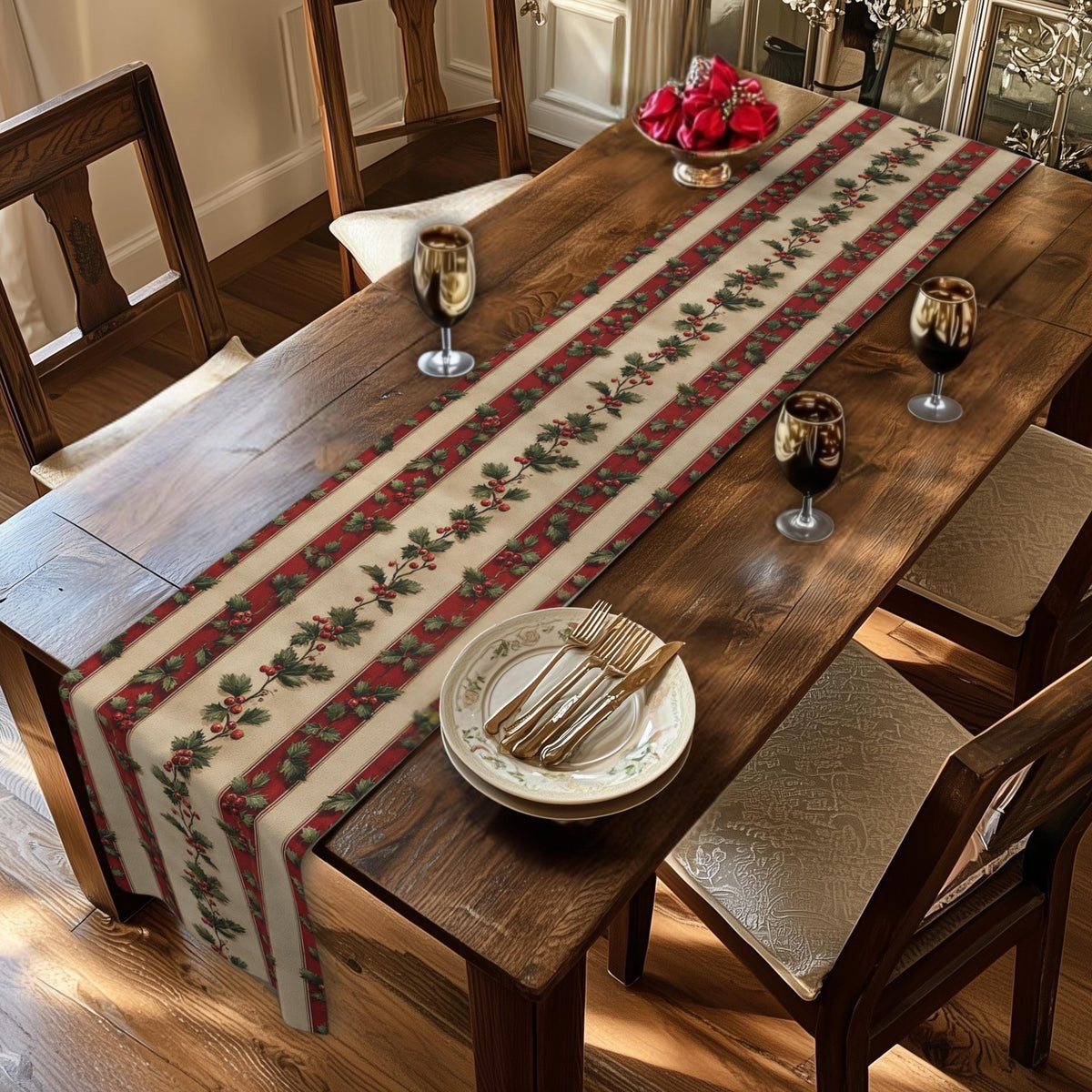 Striped Holly Christmas Table Runner: Red, Green, Cream Holiday Botanical Winter Decor
