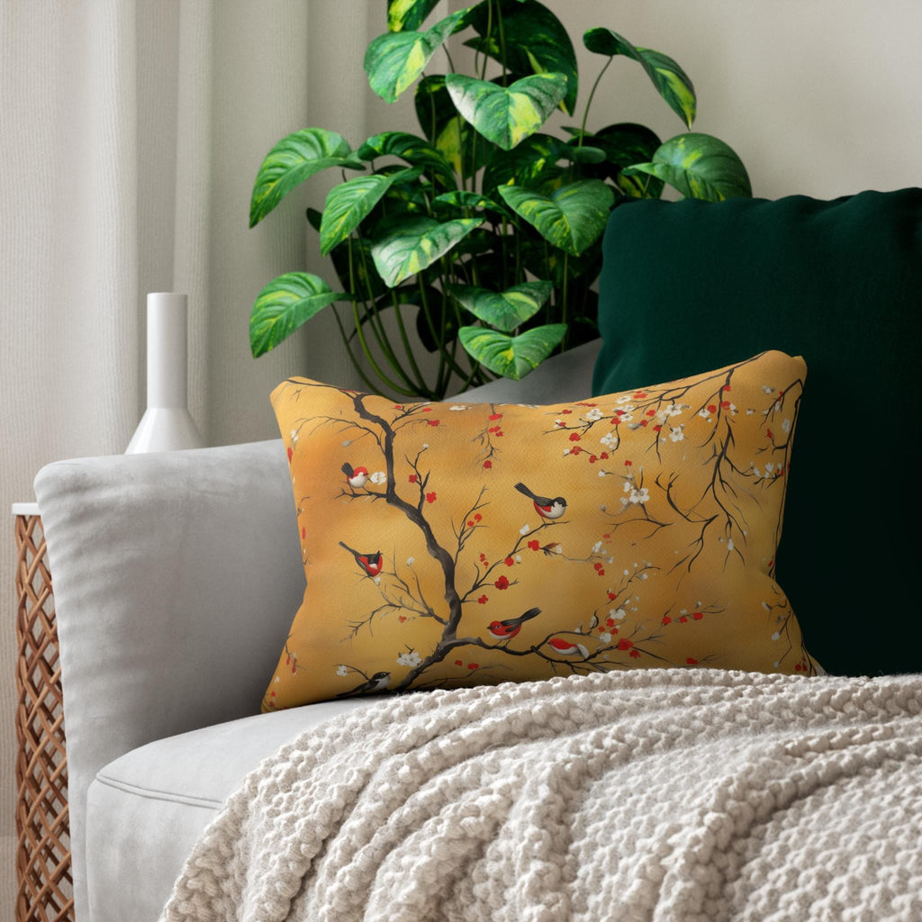 Chinoiserie Lumbar Pillow: Red Blossoms & Birds on Gold