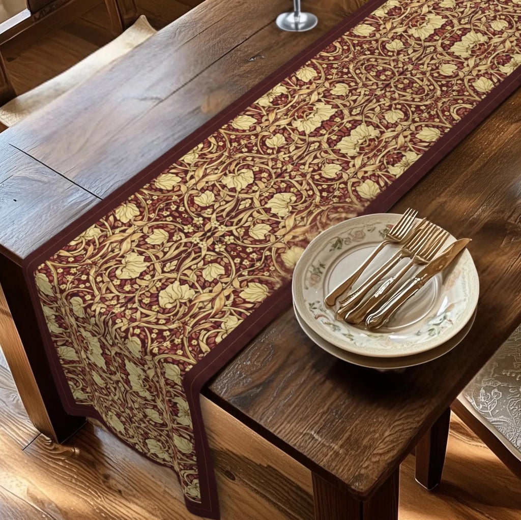 William Morris Table Runner: Burgundy and Champagne Vintage Pimpernel Reconstructed