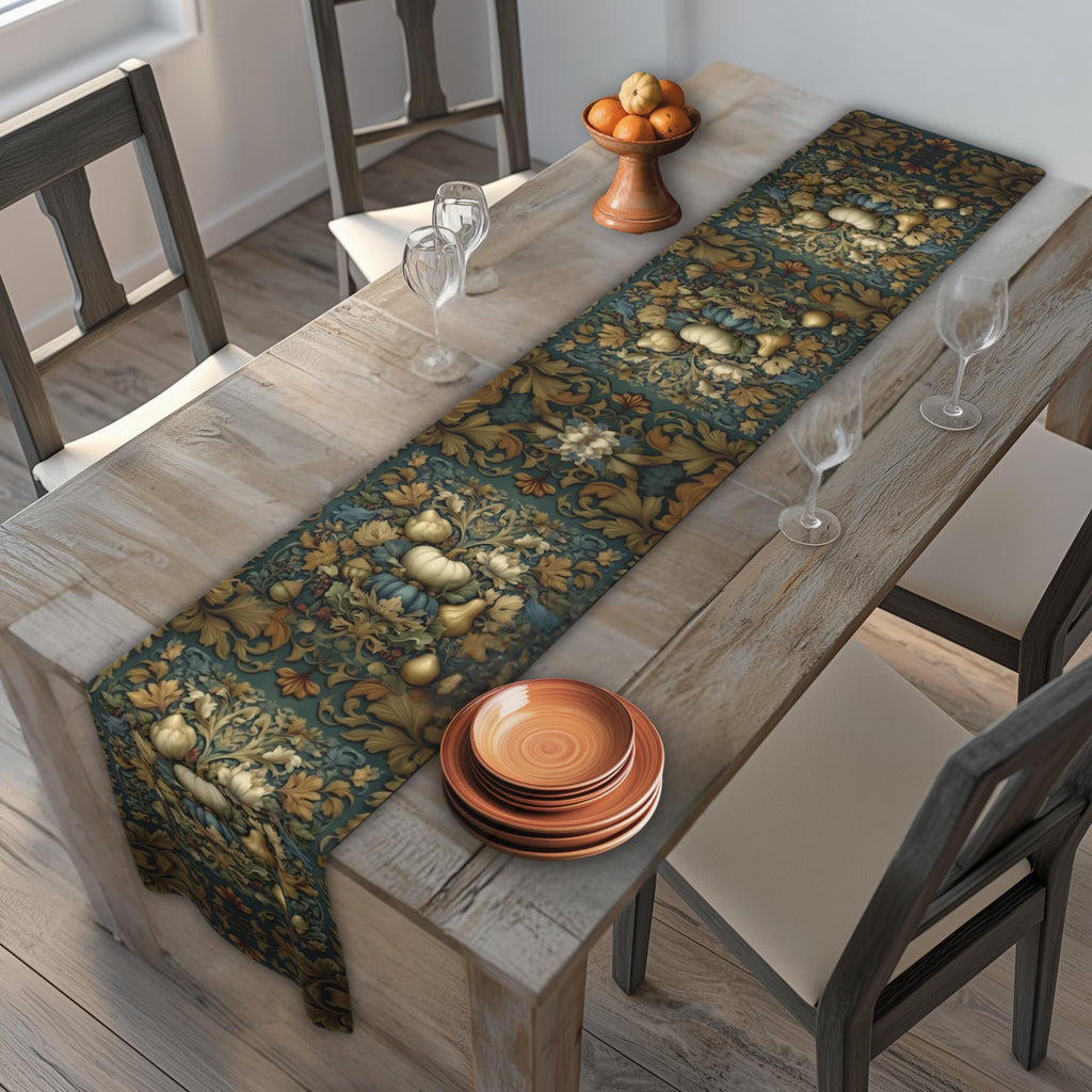 William Morris Inspired Autumn Table Runner: Teal, Gold, and Ivory Harvest Design
