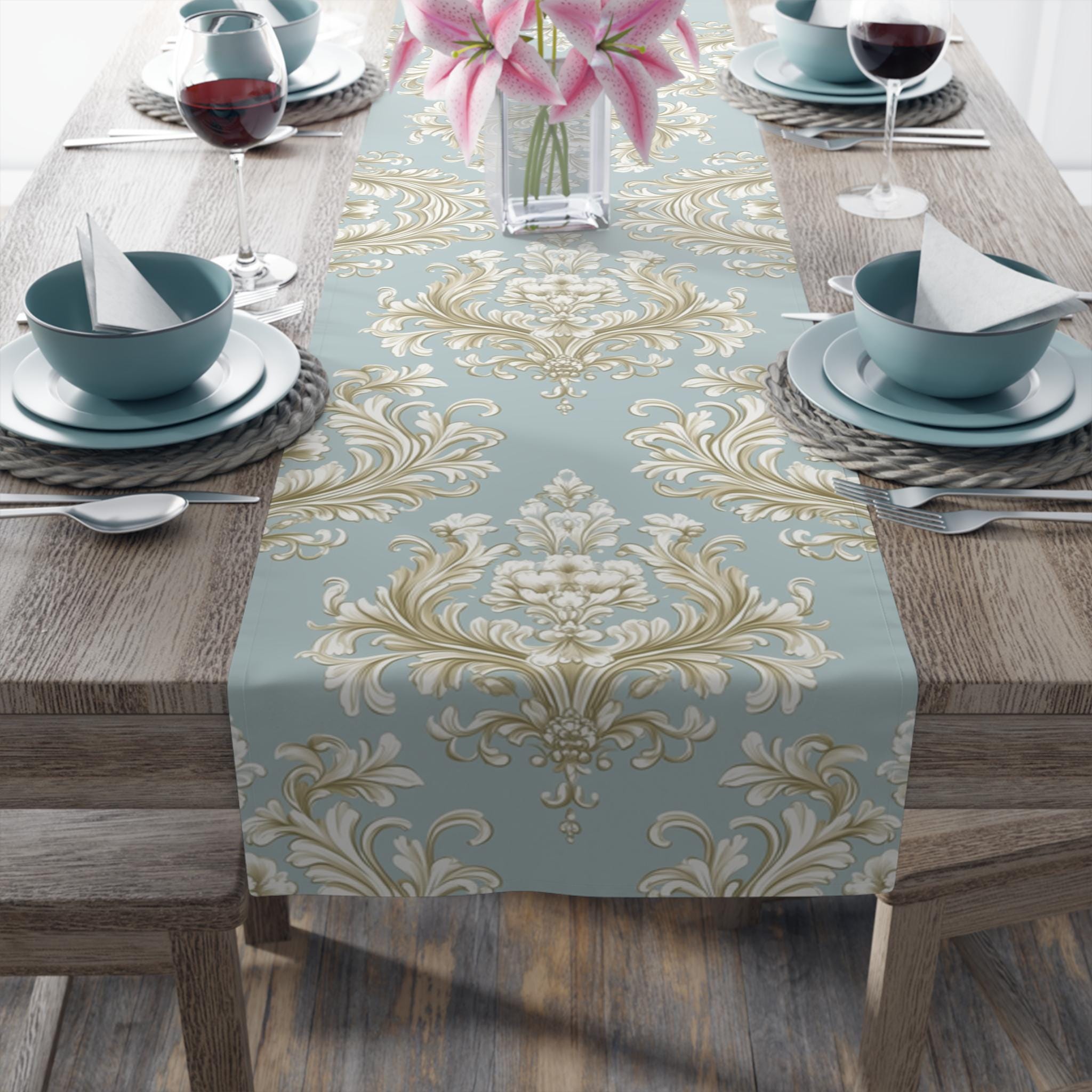 Baroque Floral Table Runner, Champagne Gold, Powder Blue
