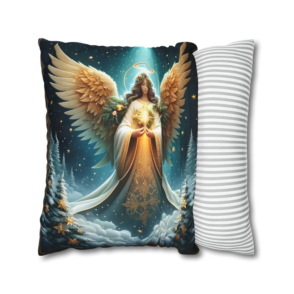 Angelic Christmas Throw Pillow Cover: Midnight Blue Decorative Holiday Cushion with Golden Wings
