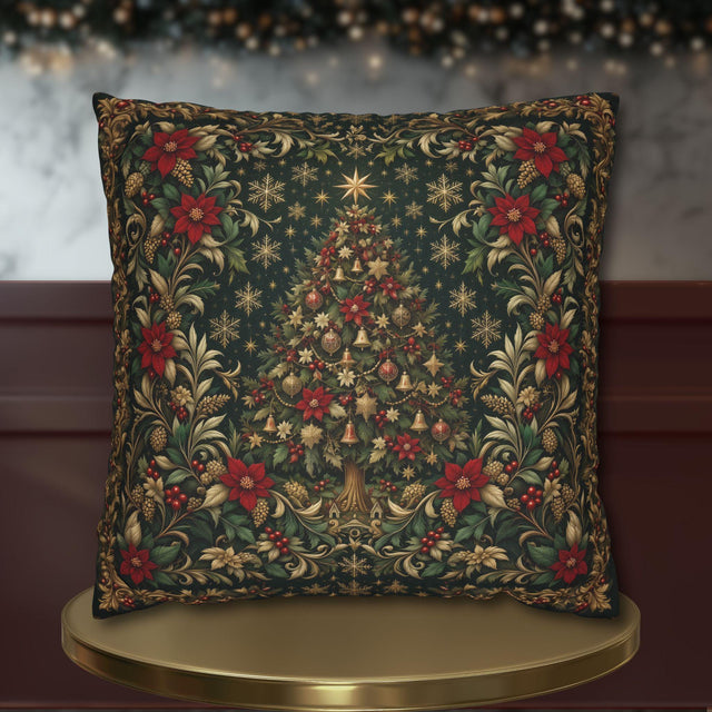 William Morris Christmas Pillow Cover: Vintage Style, Emerald Green Poinsettia, Golden Snowflake