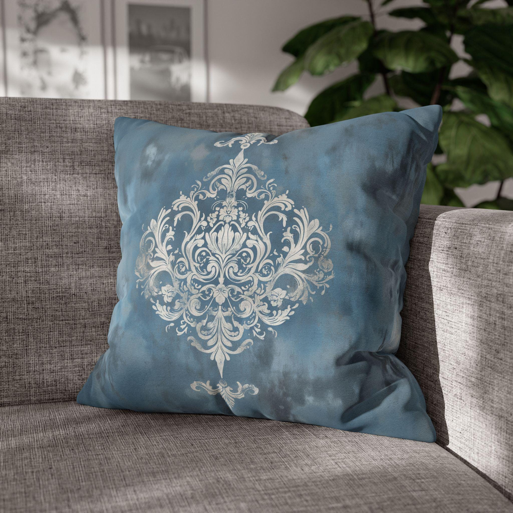 Silvery White Damask Pillow Cover: Blue-Gray Vintage Accent