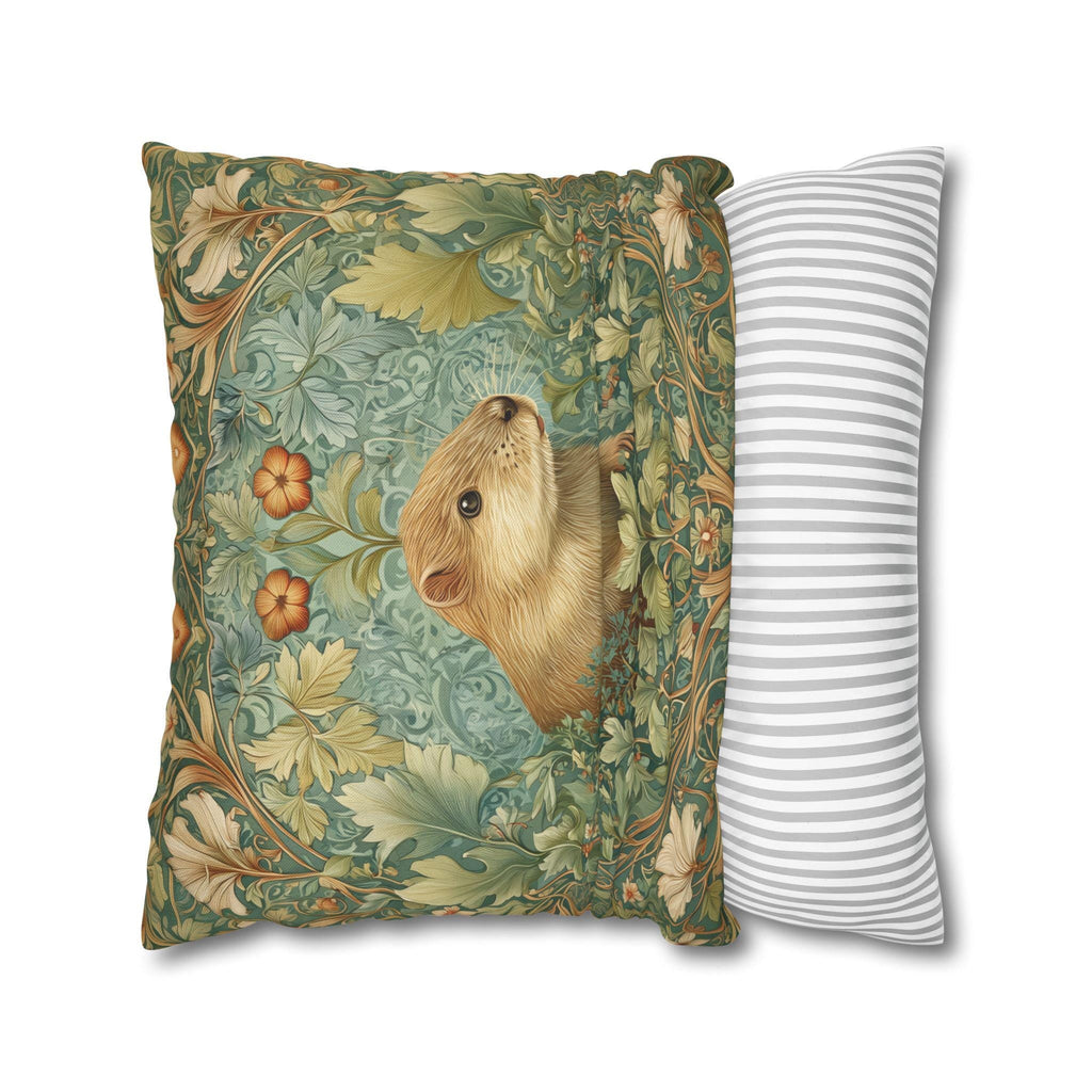 William Morris Inspired Beaver Pillow Cover: Woodland Cushion with Botanical Frame and Earthy Design