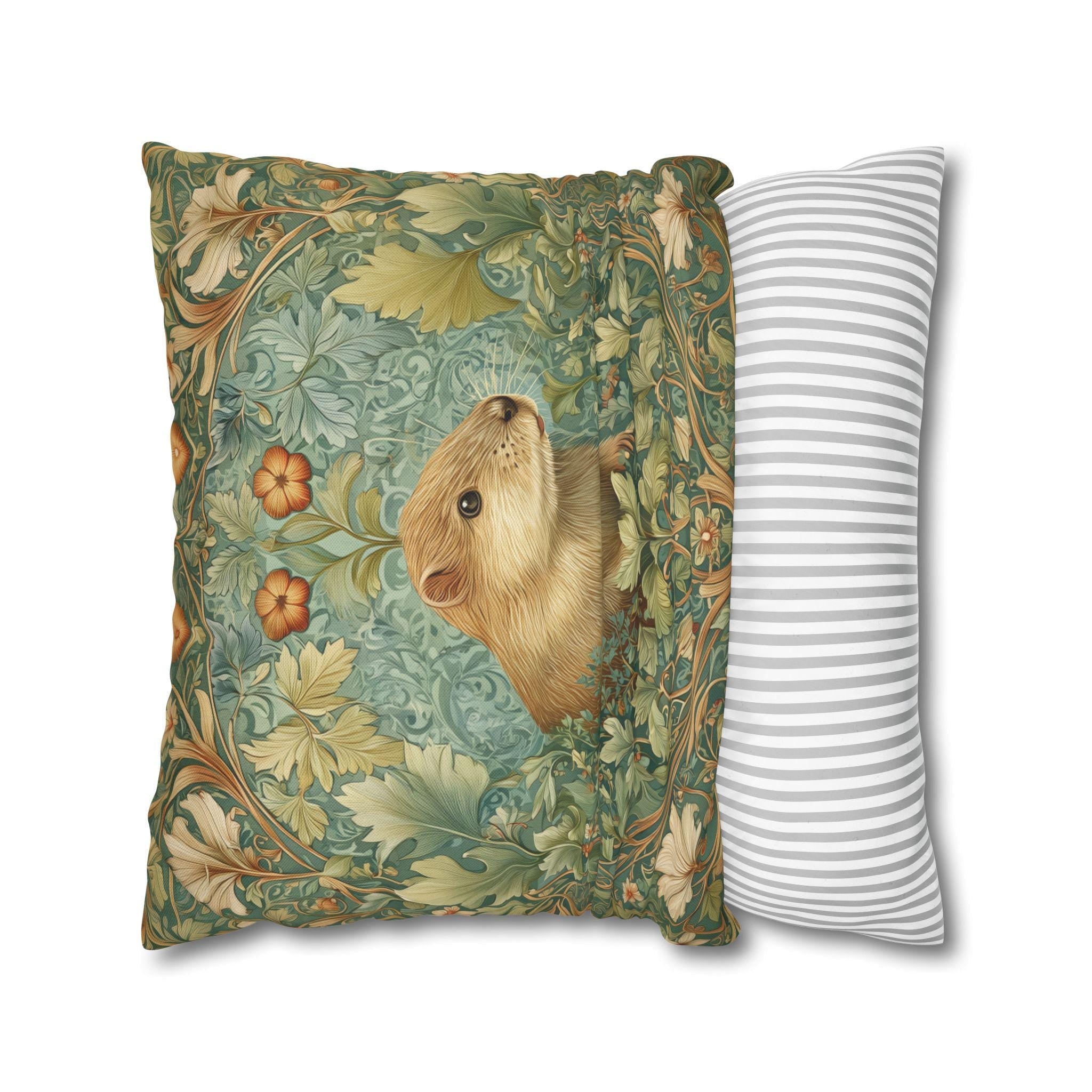 William Morris Inspired Beaver Pillow Cover: Woodland Cushion with Botanical Frame and Earthy Design
