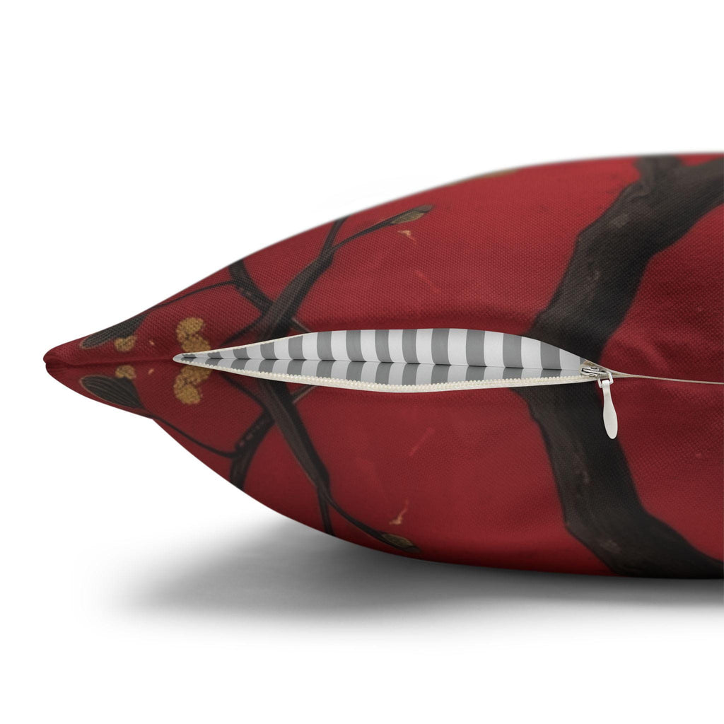 Chinoiserie Bird Pillow Cover: Crimson Floral Accent Cushion