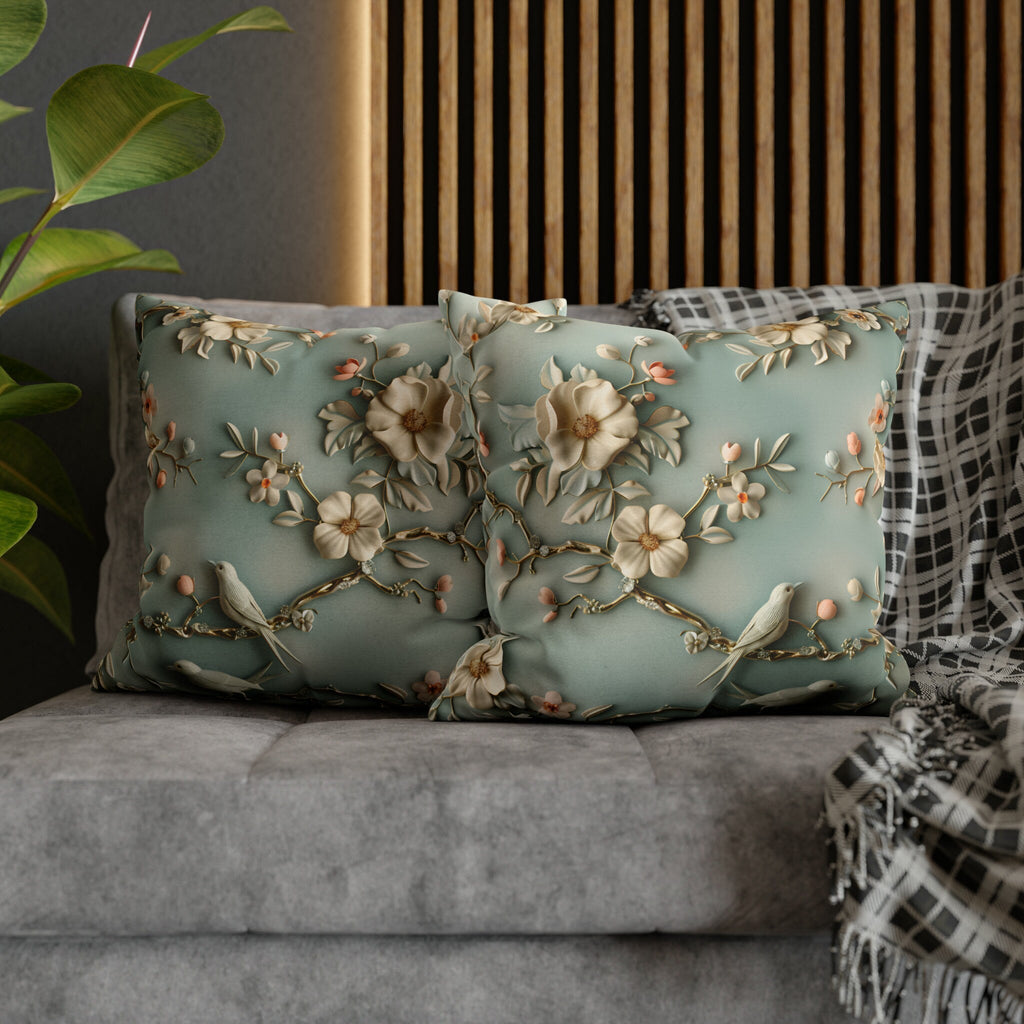Chinoiserie Pillow Cover: 3D Birds & Blooms, Pastel Blue Accent