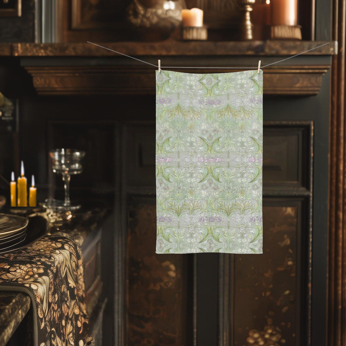 William Morris inspired Hand Towel: Soft Sage Botanical with Muted Lavender