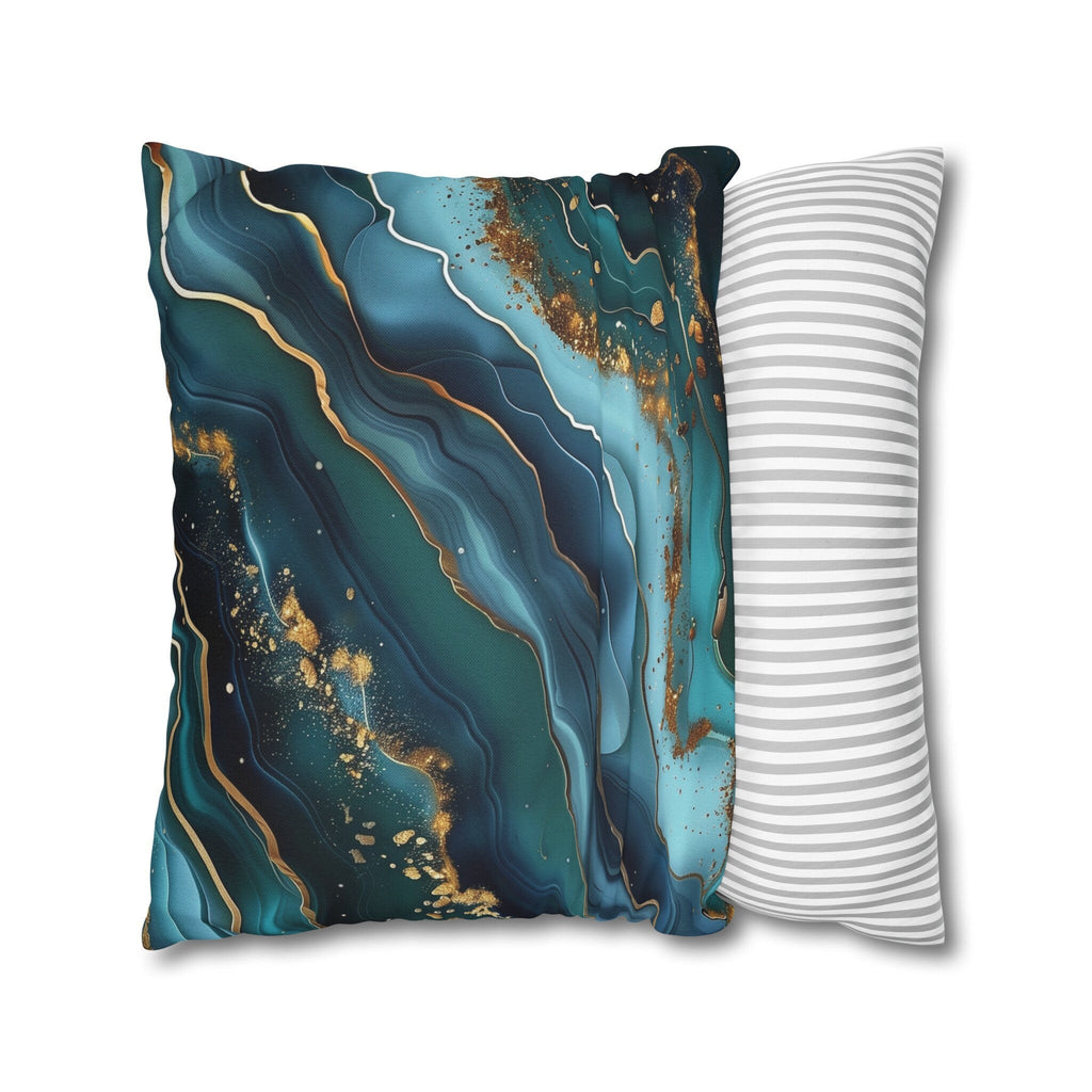 Teal Ocean Waves Pillow Cover: Blue & Gold Accent Cushion