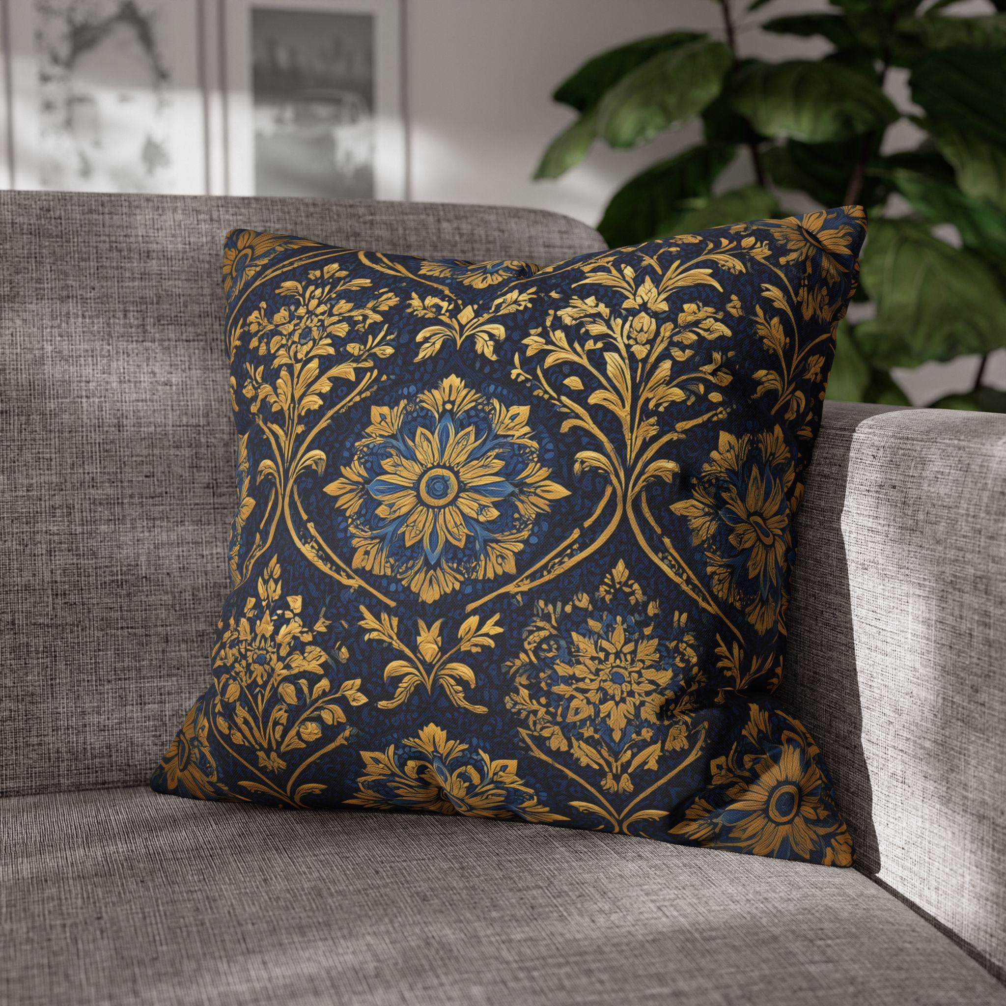 Blue and Gold Damask Pillow Cover: Vintage Style Regal Cushion