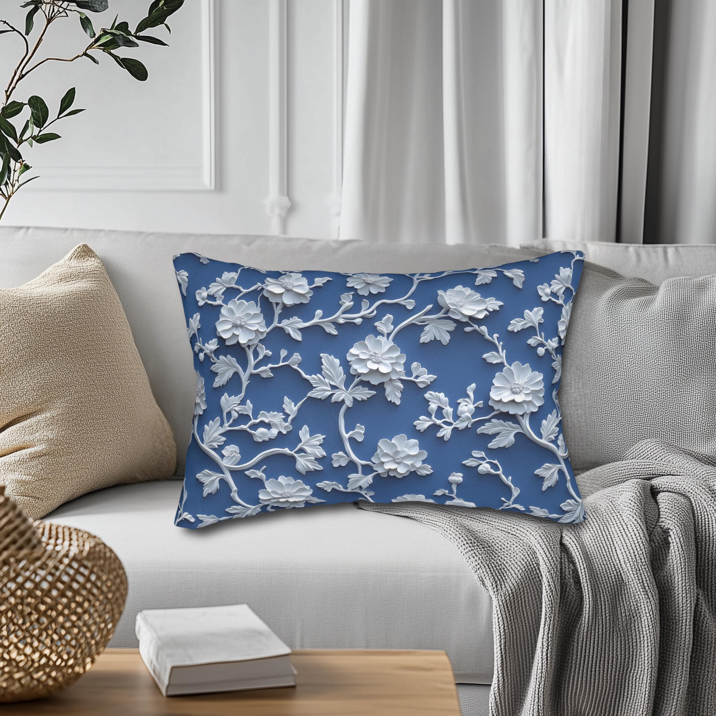 Chinoiserie Lumbar Pillow: Blue and White Floral Home Accent