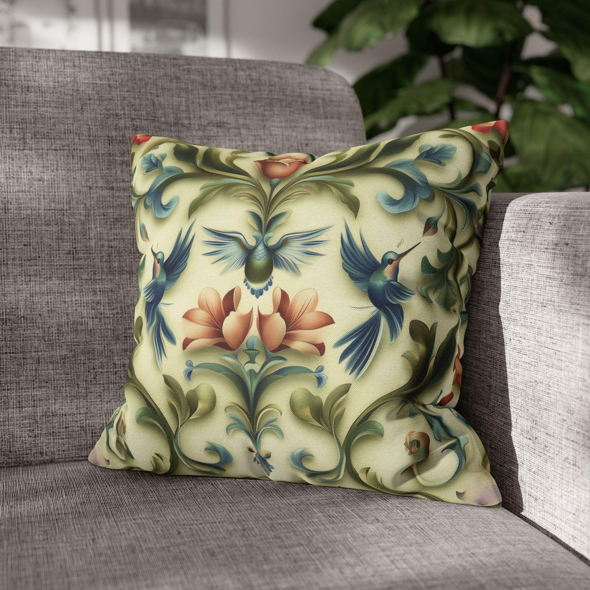 William Morris Inspired Hummingbird Floral Pillow Cover: Vintage Nature Tapestry Cushion Design