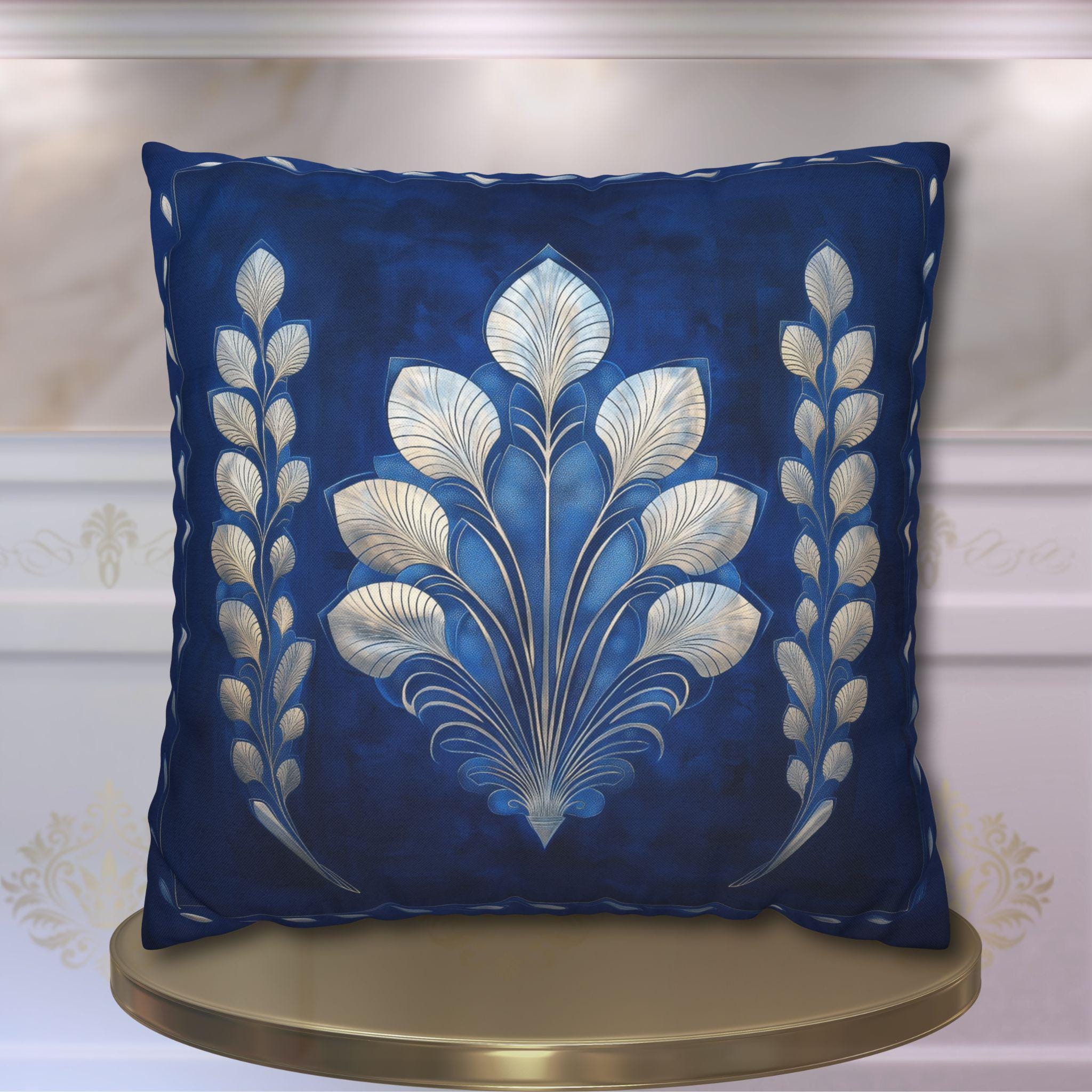 Sapphire Blue Art Deco Pillow Cover: Silver Fan, Hollywood Glam