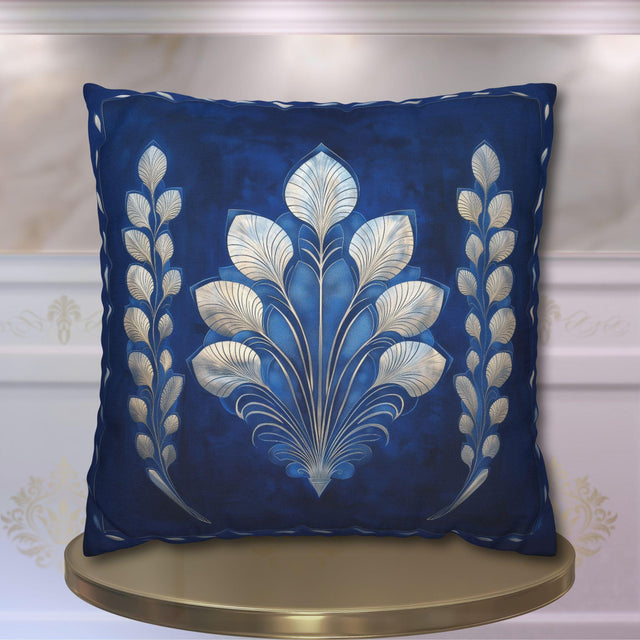 Sapphire Blue Art Deco Pillow Cover: Silver Fan, Hollywood Glam