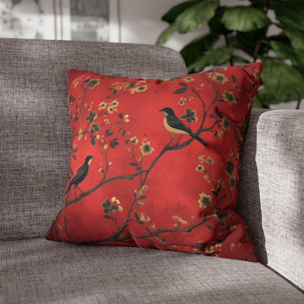 Chinoiserie Bird Pillow Cover: Crimson Floral Accent Cushion