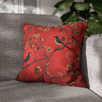Chinoiserie Bird Pillow Cover: Crimson Floral Accent Cushion