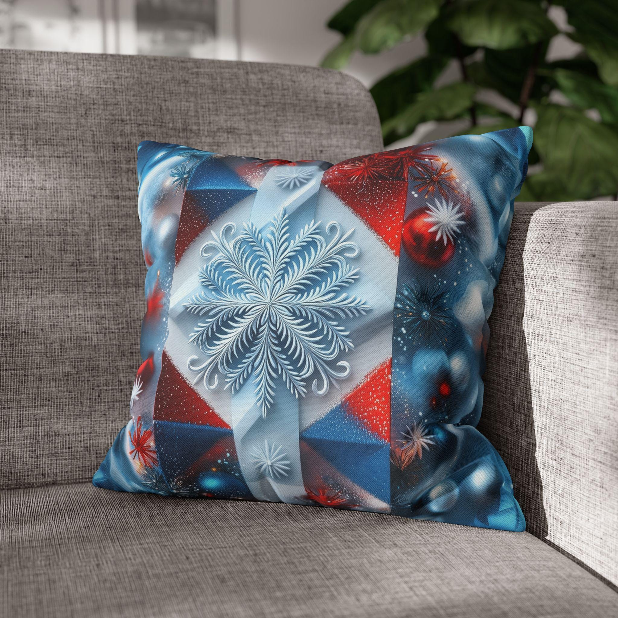 Winter Snowflake Pillow Cover, Geometric Holiday Throw Cushion, Red White Blue