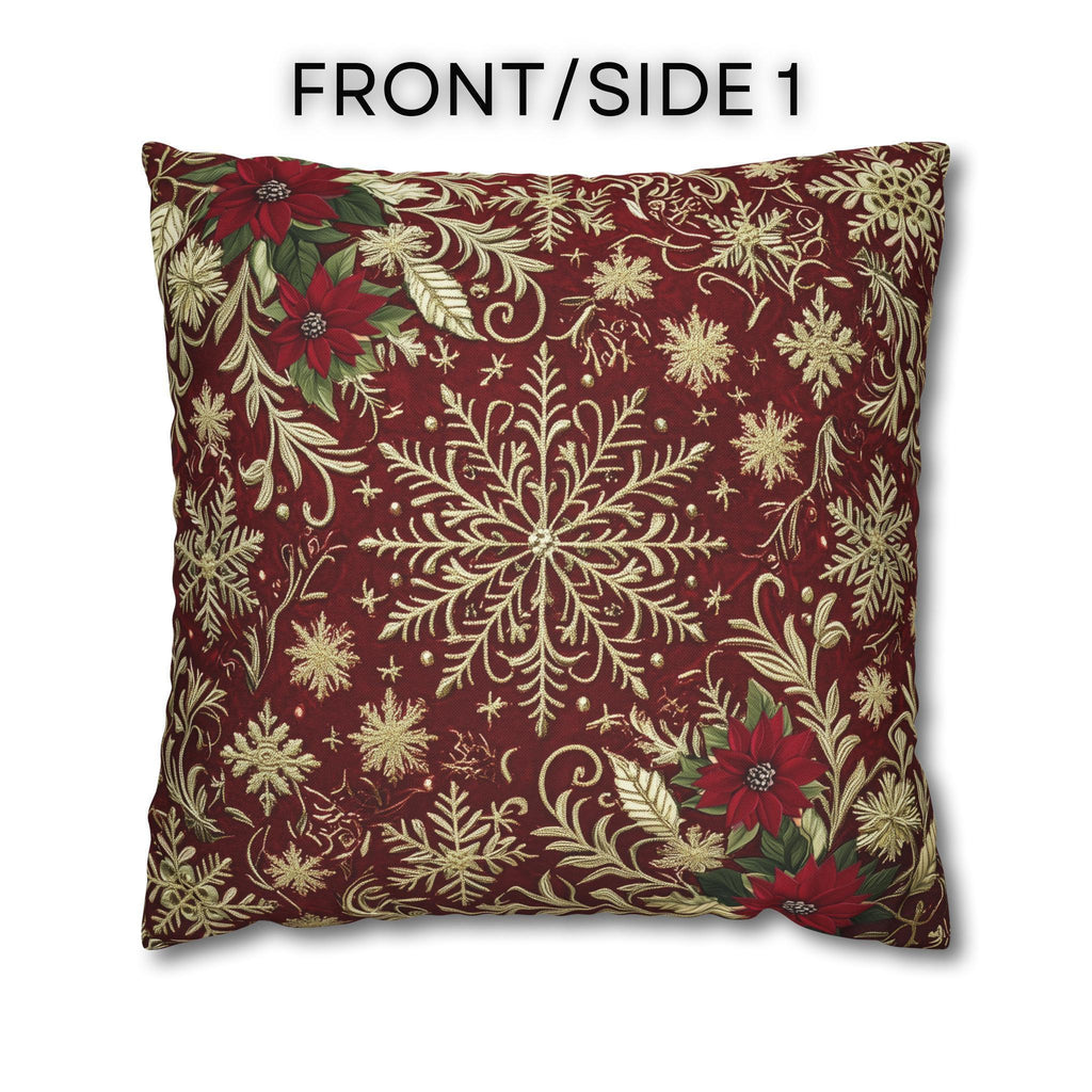 Christmas Snowflake Pillow Cover: Crimson Red Antique Gold with Deep Green Accents