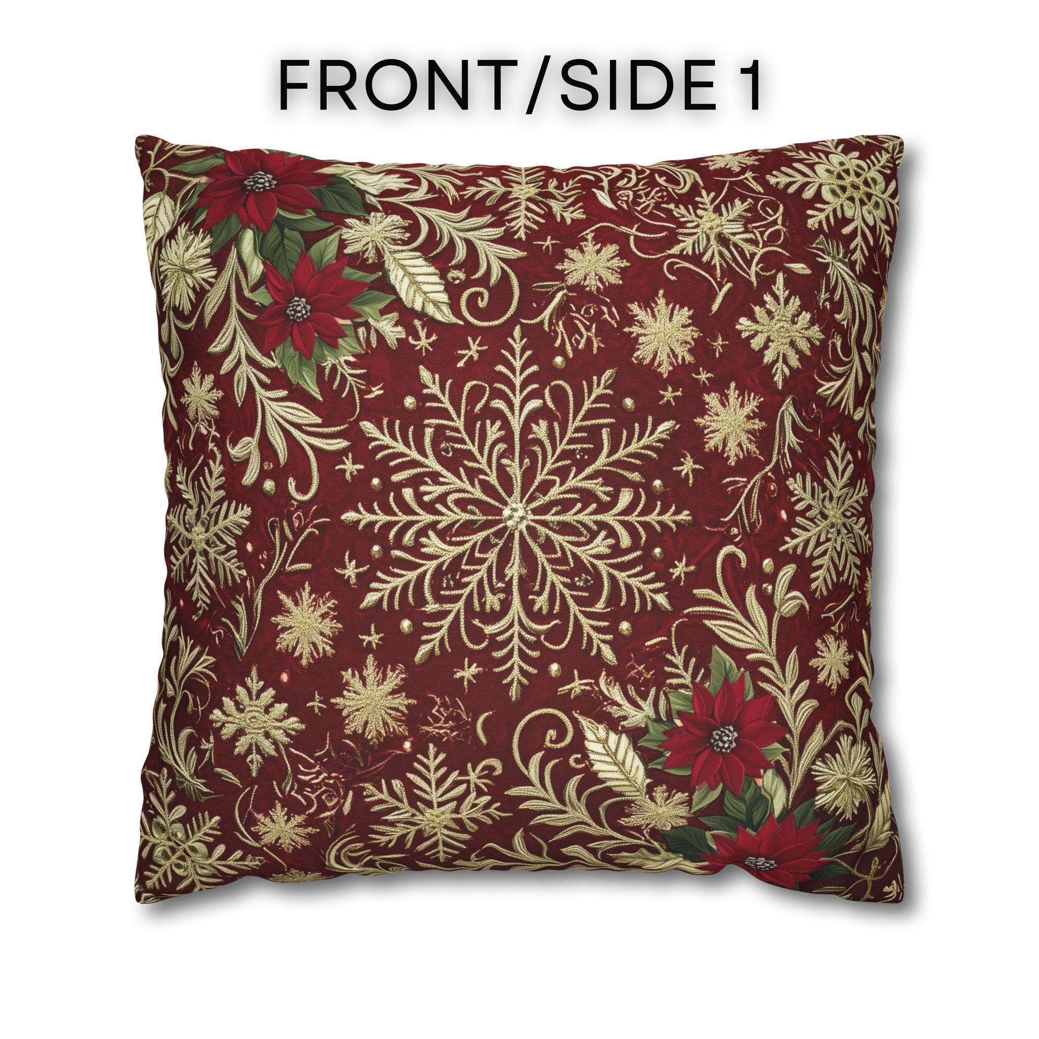 Christmas Snowflake Pillow Cover: Crimson Red Antique Gold with Deep Green Accents