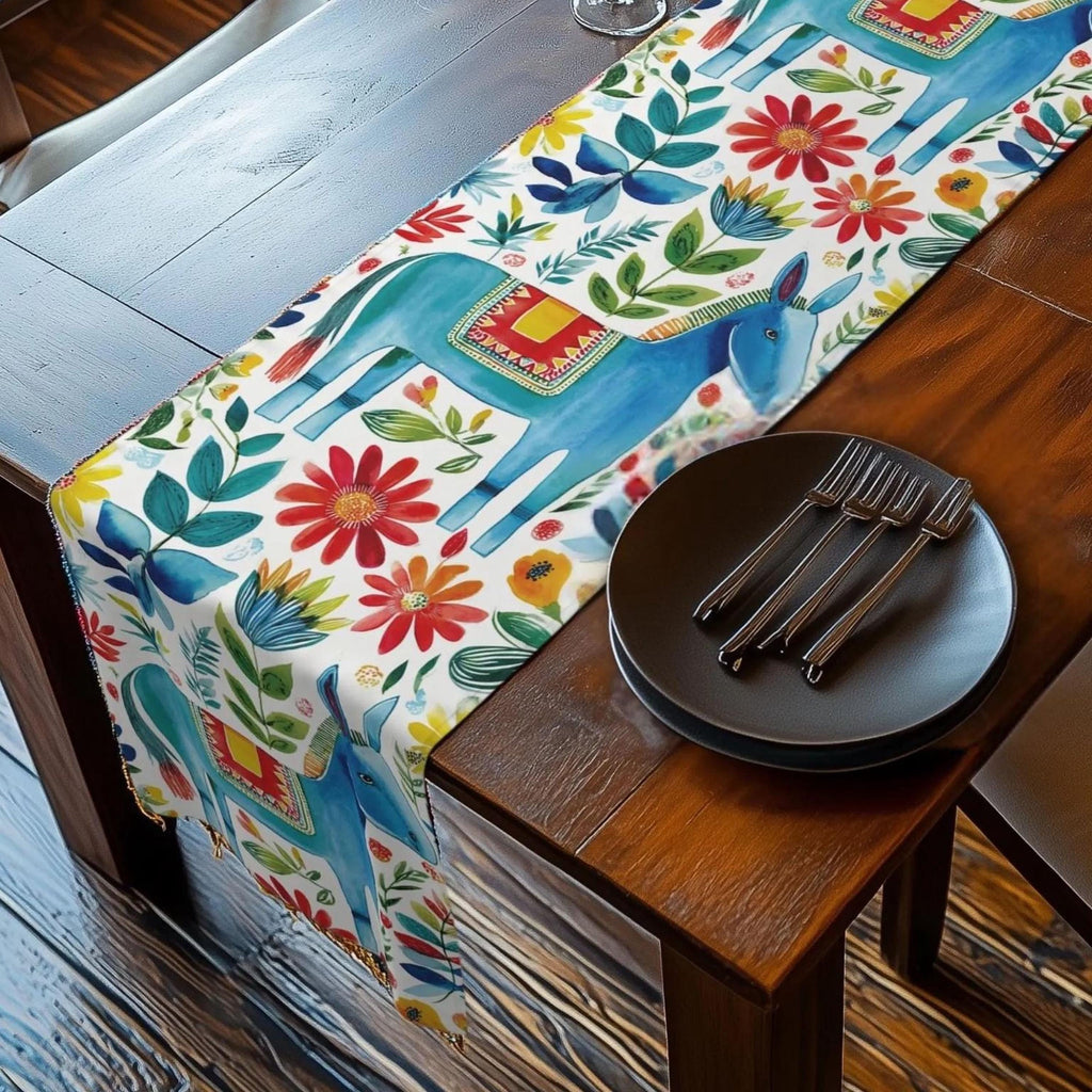 Otomi Table Runner: Blue Donkey Mexican Style Folk Art Floral Decor