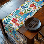 Otomi Table Runner: Blue Donkey Mexican Style Folk Art Floral Decor