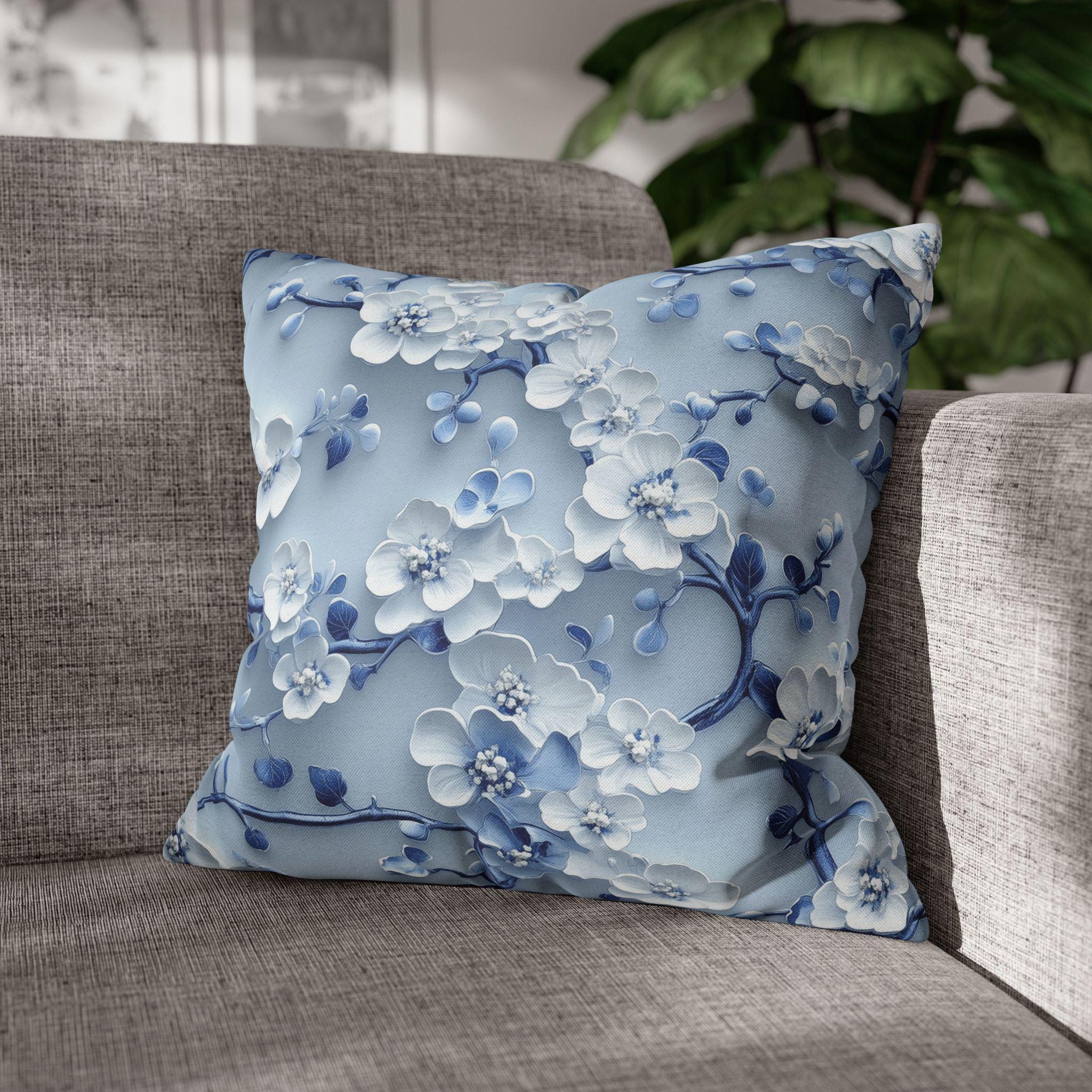 Elegant Blue & White Chinoiserie Cherry Blossom Pillow Cover | Asian-Inspired Floral Home Decor