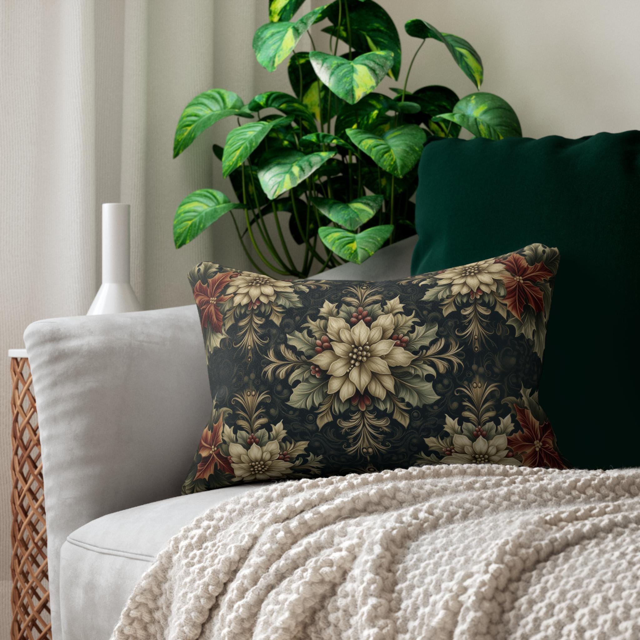 William Morris Christmas Lumbar Pillow: Ivory Poinsettia & Holly on Midnight Green
