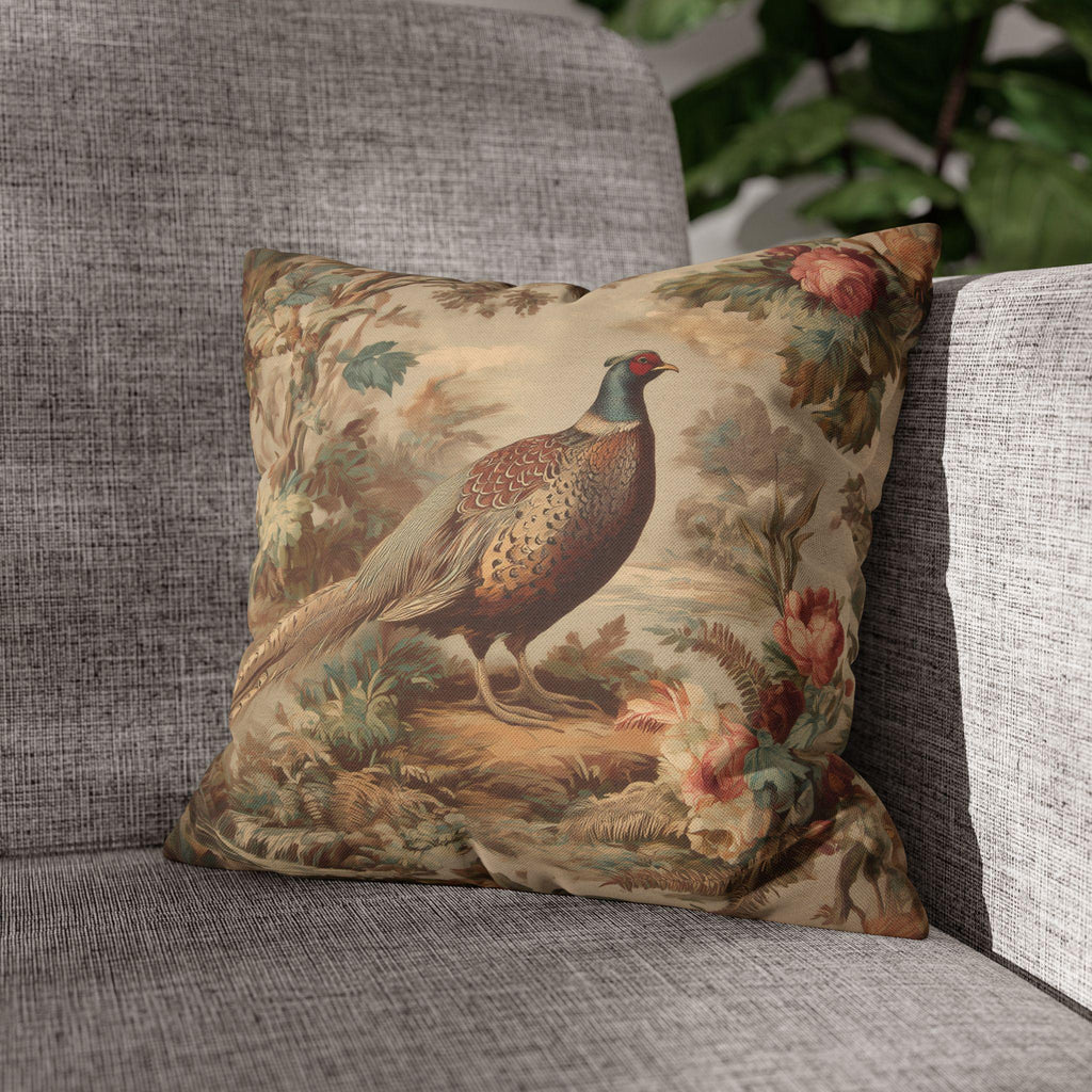 French Country Pheasant Throw Pillow Cover: Vintage Style Toile Bird Design