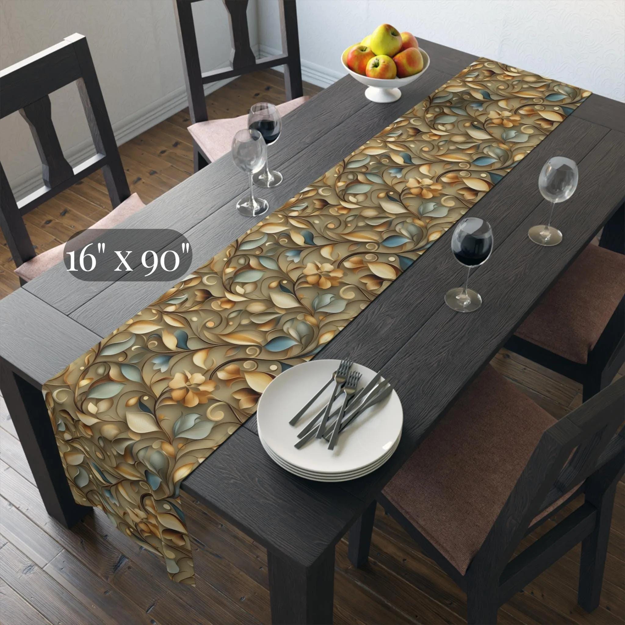 Elegant William Morris Inspired Autumn Leaves Table Runner: Gold, Blue, Sage Botanical Print