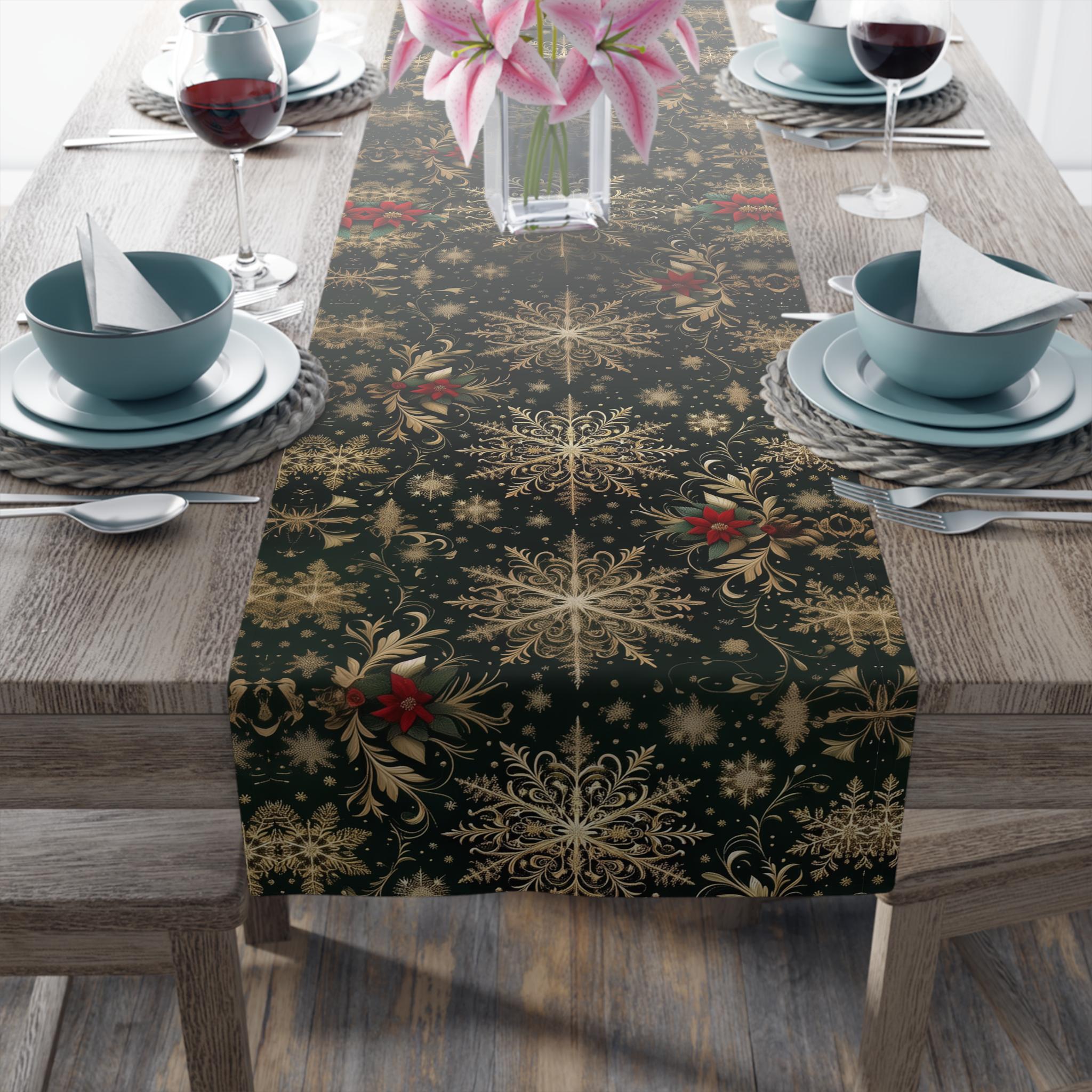 Emerald Christmas Table Runner: Elegant Gold Snowflake and Poinsettia Design for Festive Dining Decor