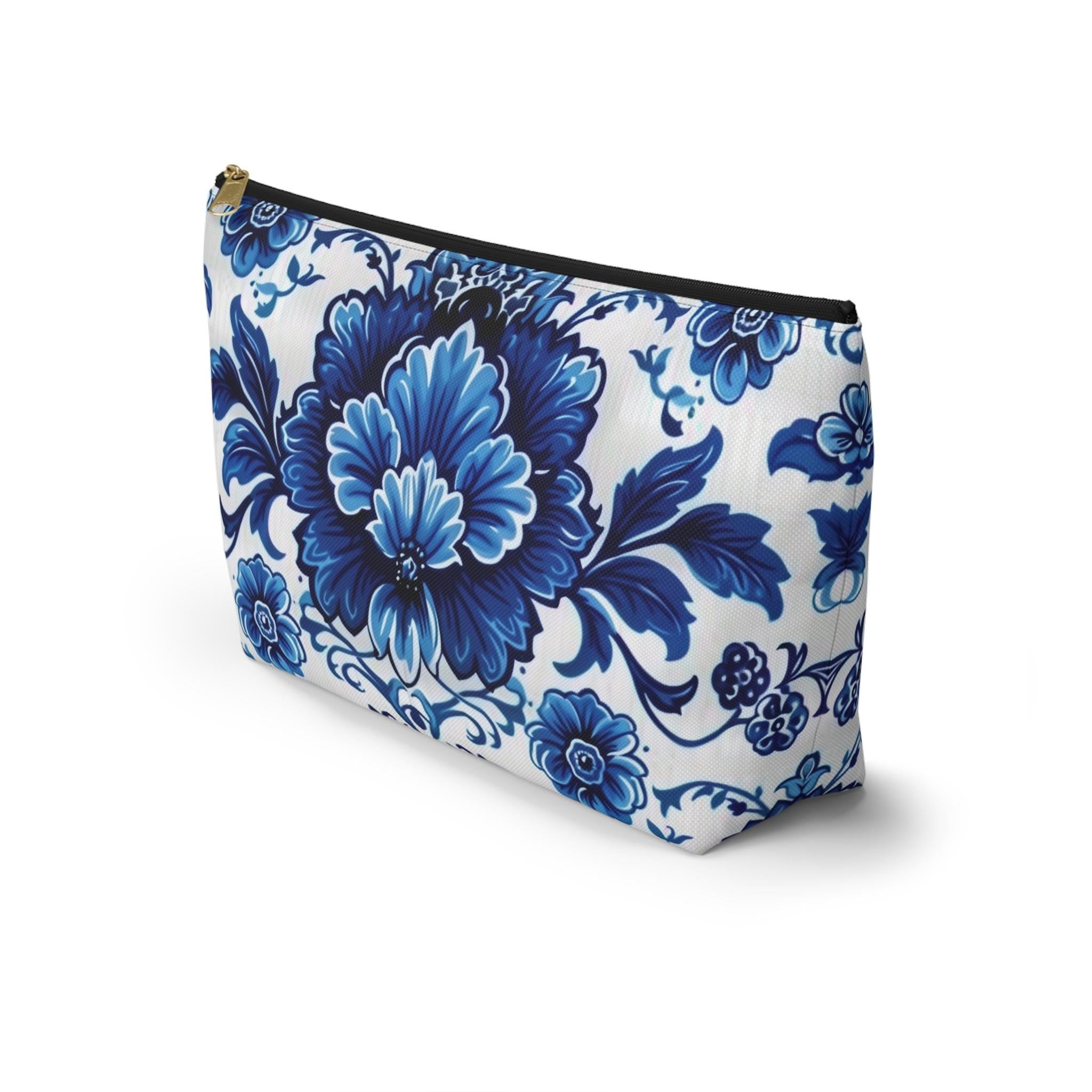 Elegant Blue Floral Accessory Pouch: Boho Makeup Bag & Travel Organizer with Porcelain Pattern
